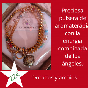 Combinación de pulseras con cristales dorados i arcoiris de aromaterapia con la energía de los ángeles